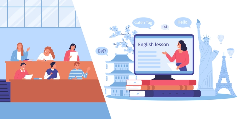 Language course flat composition with students in lection room and online teacher vector illustration