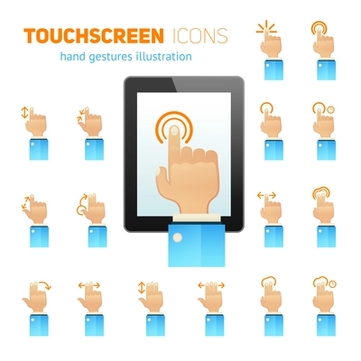 Mobile tablet touch screen hand gestures user friendly symbols flat icons collection abstract isolated vector illustration