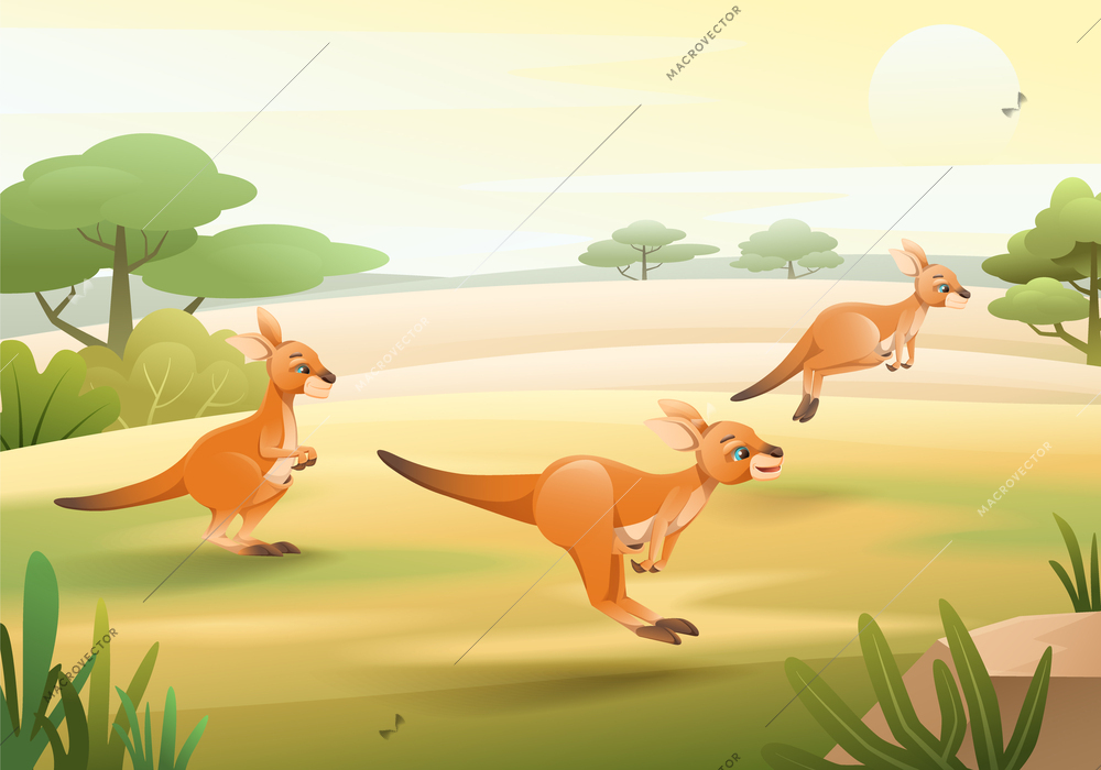 Three cute kangaroos jumping across green plain with trees and sun in background cartoon vector illustration