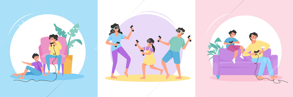 Family playing vr and video games flat concept set isolated vector illustration