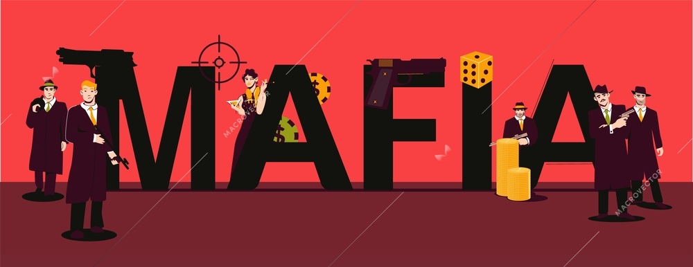 Mafia horizontal banner with small characters in black clothes near text in large letters flat vector illustration