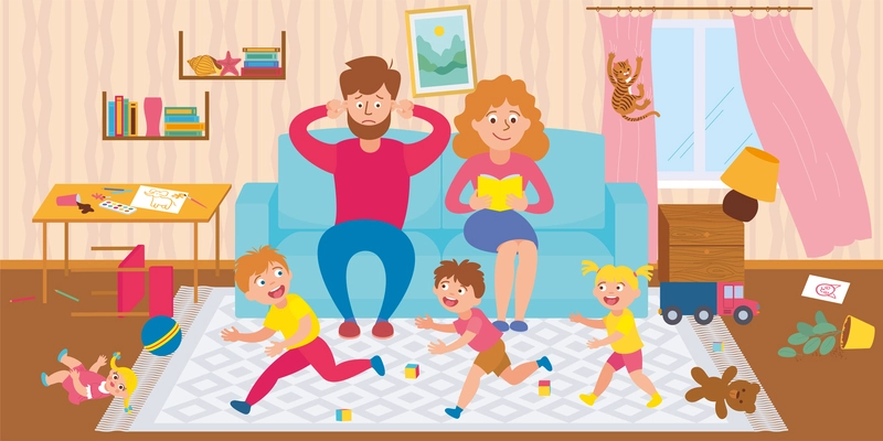 Children bad behavior flat composition with running kids and stressed parents vector illustration