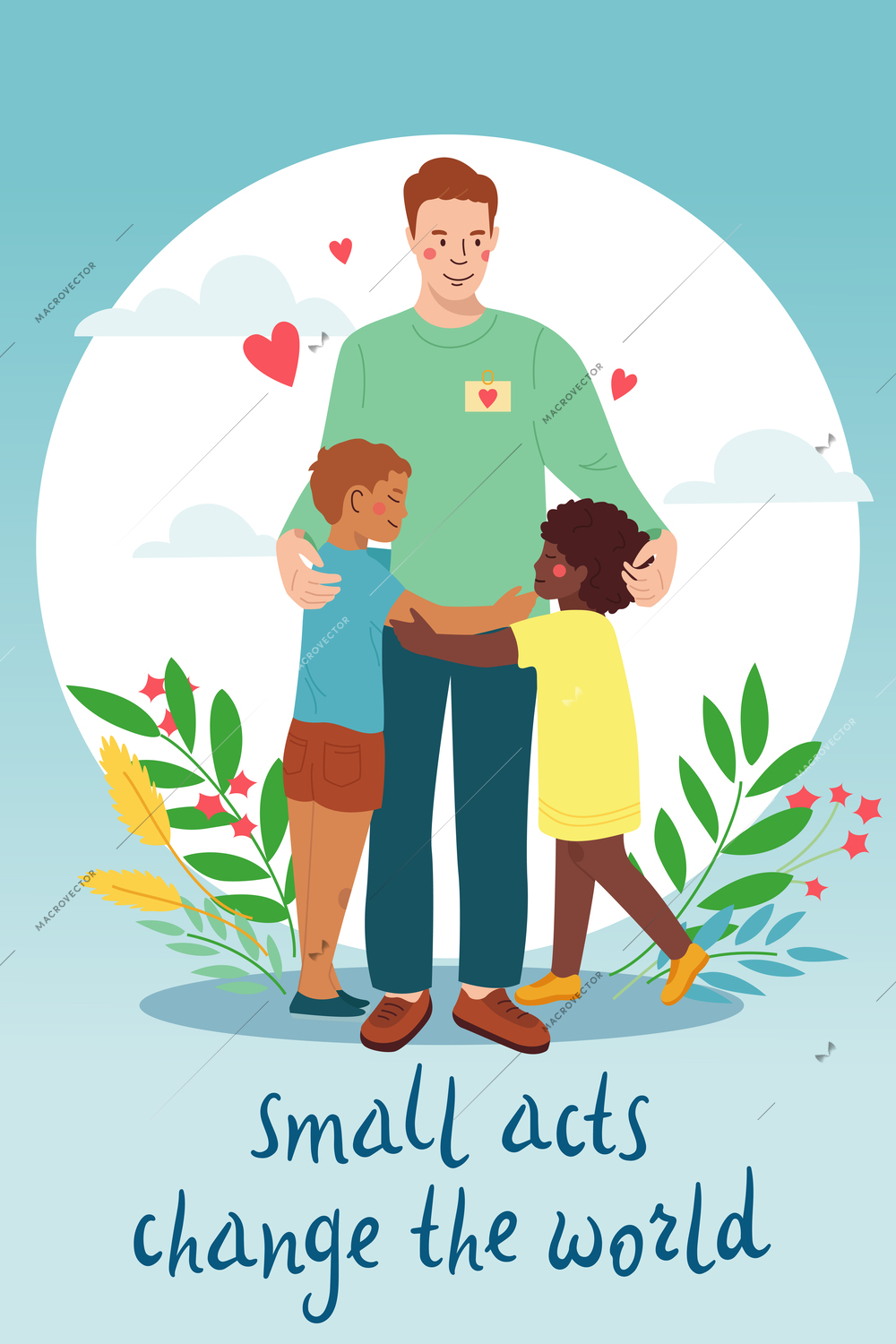 Charity flat recolor composition with ornate text and characters of man hugging children with floral ornaments vector illustration