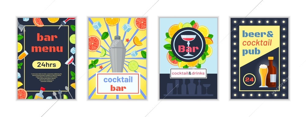 Set of four isolated vertical posters with bar menu backgrounds editable text and glasses with cocktails vector illustration