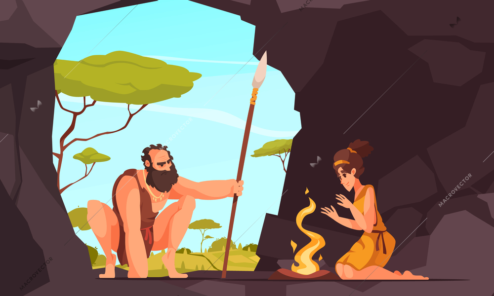 Prehistoric people man with spear and woman in cave with fire cartoon vector illustration