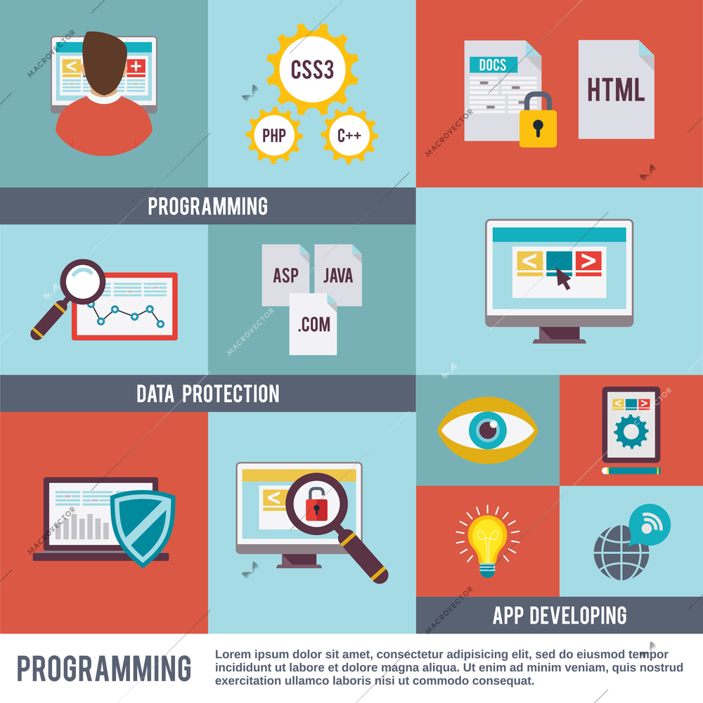 Programmer flat icon set with programming data protection app developing isolated vector illustration