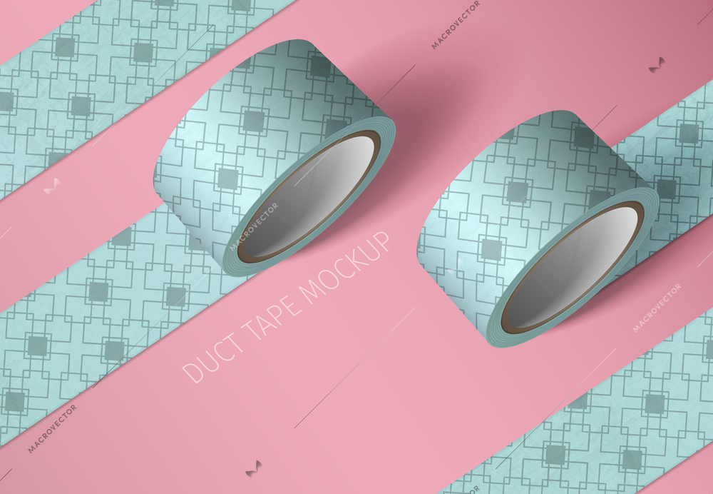 Duct tape mockup realistic composition with text on pink background and rolls of ornate colored tape vector illustration