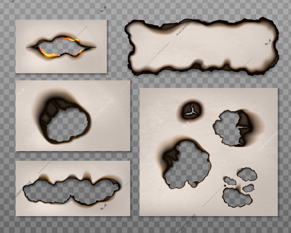 Burnt paper realistic set with isolated rectangular paper sheets with holes and black borders with fire vector illustration