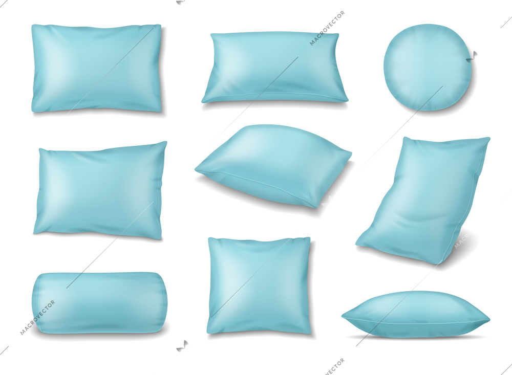 Pillows realistic set with isolated images of lavender colored pillows of different shape on blank background vector illustration