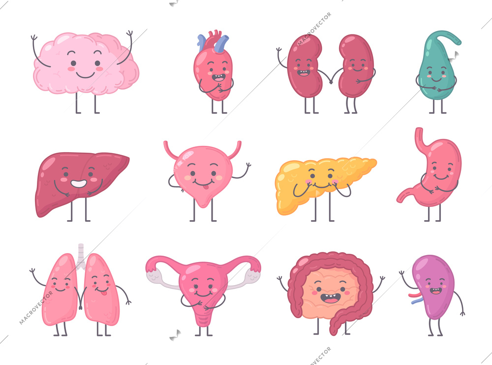 Set of isolated icons with cartoon style characters of different human organs emotions on blank background vector illustration