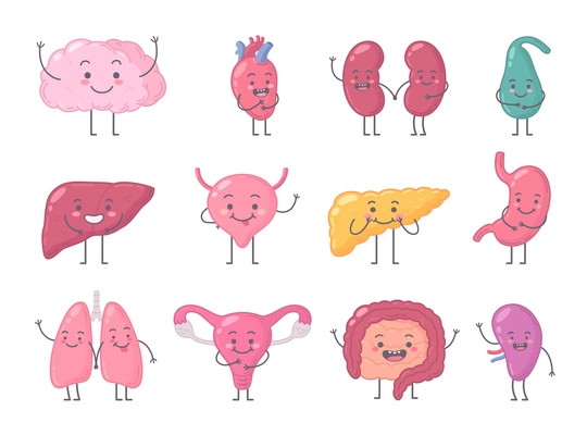 Set of isolated icons with cartoon style characters of different human organs emotions on blank background vector illustration