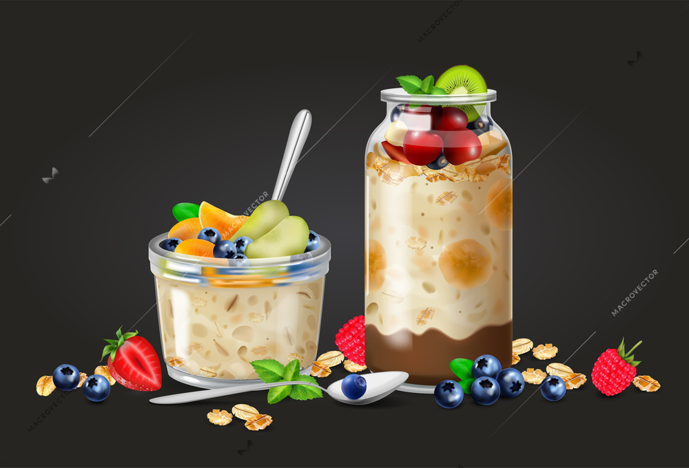 Realistic overnight oats composition with view of two jars with porridge cocktails spoons vegetables and berries vector illustration