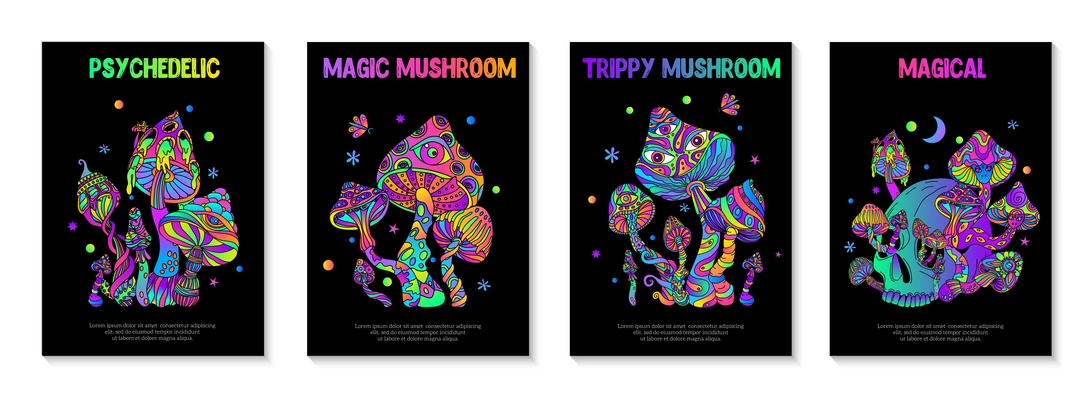 Trippy mushroom set of four vertical posters with gradient colored text and psychedelic drawing artwork compositions vector illustration