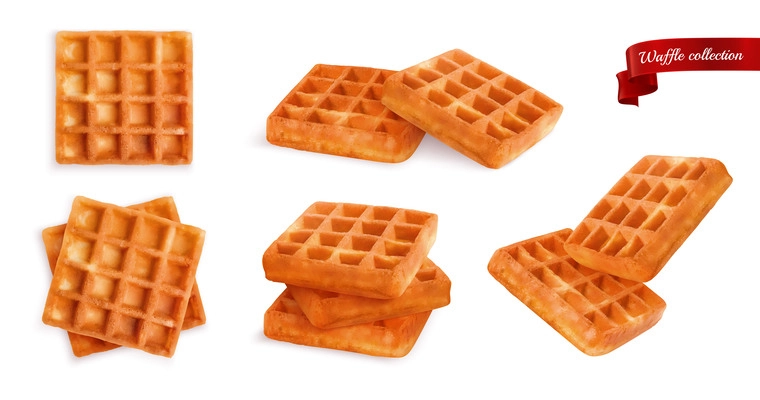 Delicious crispy viennese waffles squares scattered on white background realistic set isolated vector illustration