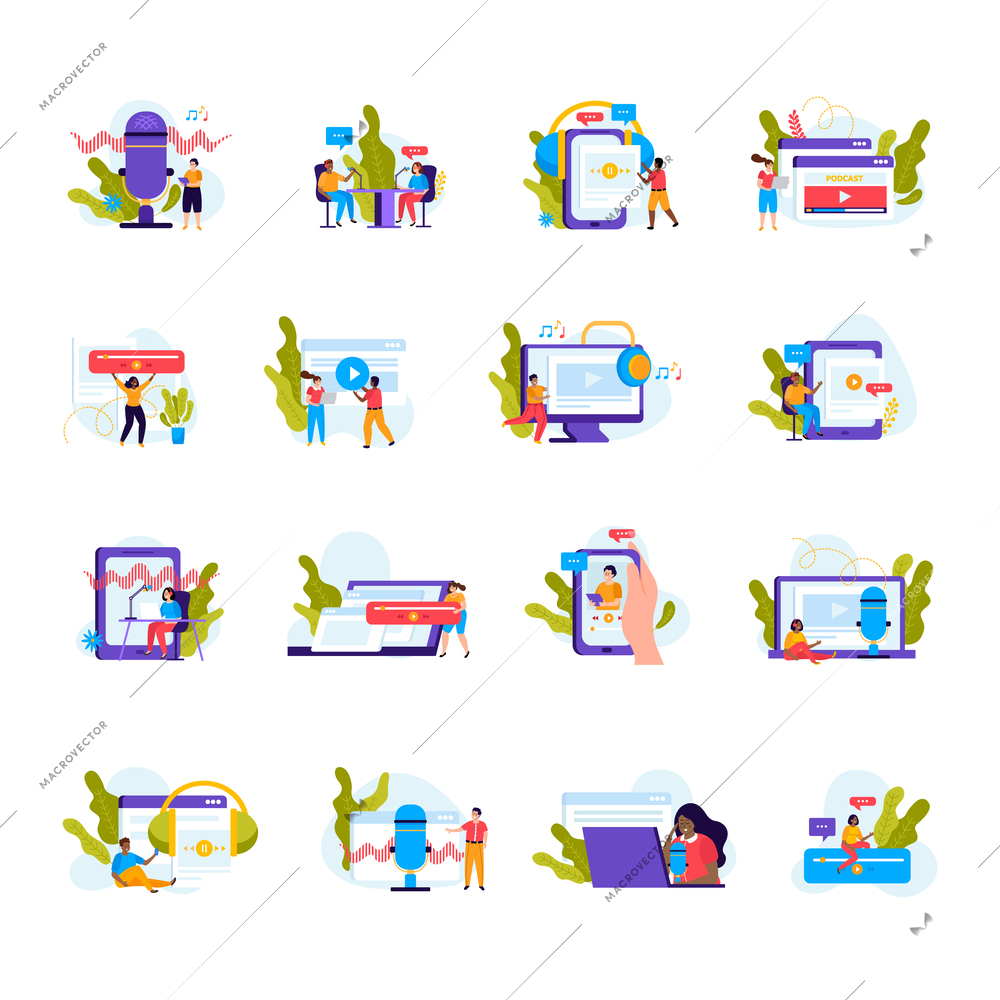 Podcast flat conceptual icons set with gadgets and people wearing headphones isolated vector illustration