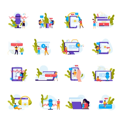 Podcast flat conceptual icons set with gadgets and people wearing headphones isolated vector illustration