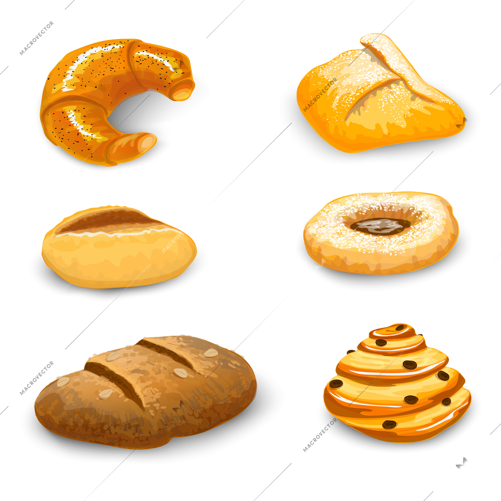 Bakery bread and pastry set with donut chocolate bagel and croissant isolated vector illustration