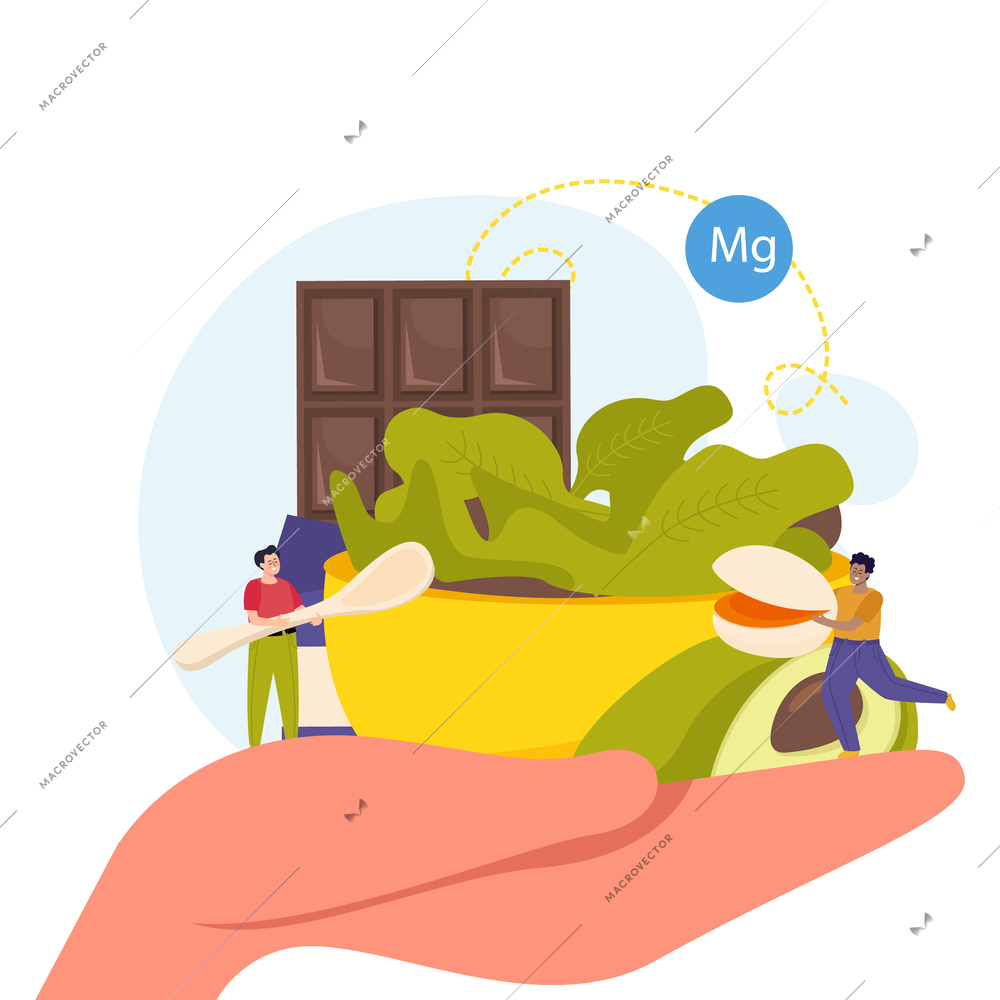 High magnesium foods balanced diet flat concept with human hand holding bowl of healthy products and two tiny people vector illustration