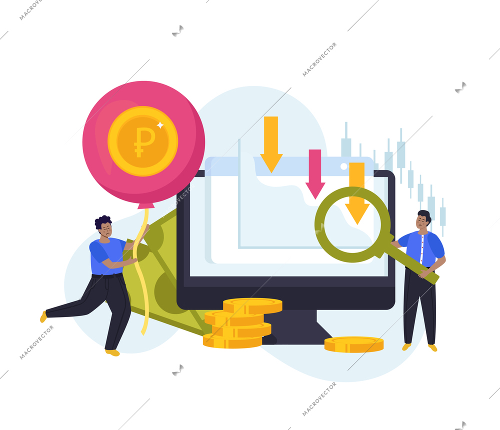 Economy crisis concept with arrows down coins and two sad men flat vector illustration