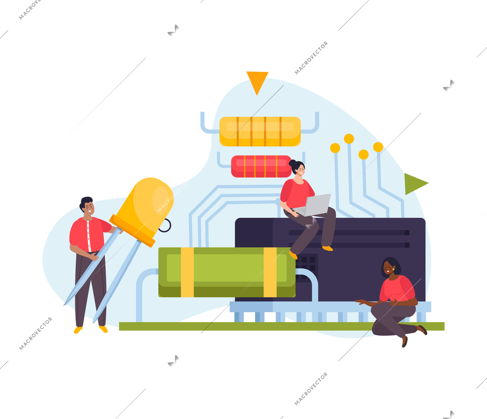 Microchip concept with electronic circuit components and human characters holding transistor flat vector illustration