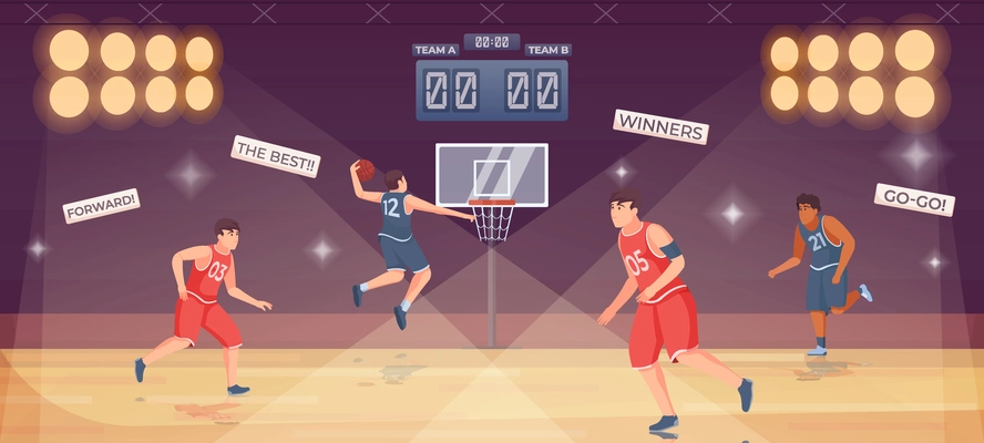 Basketball match scene with teams playing on court with spotlights flat vector illustration