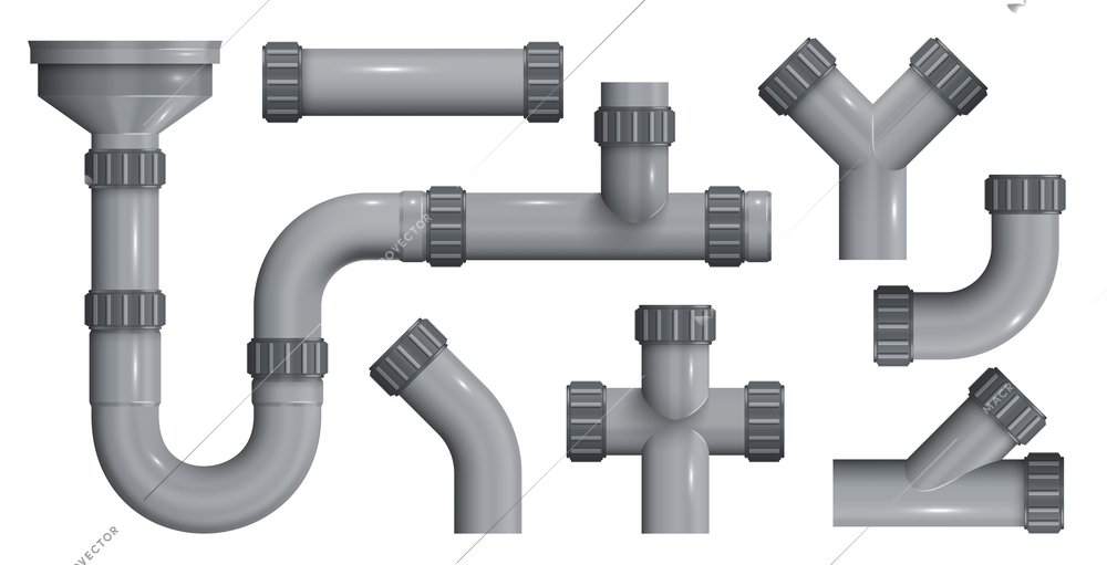 Sewerage plastic pipes with plumbing connections elements realistic set isolated on white background vector illustration