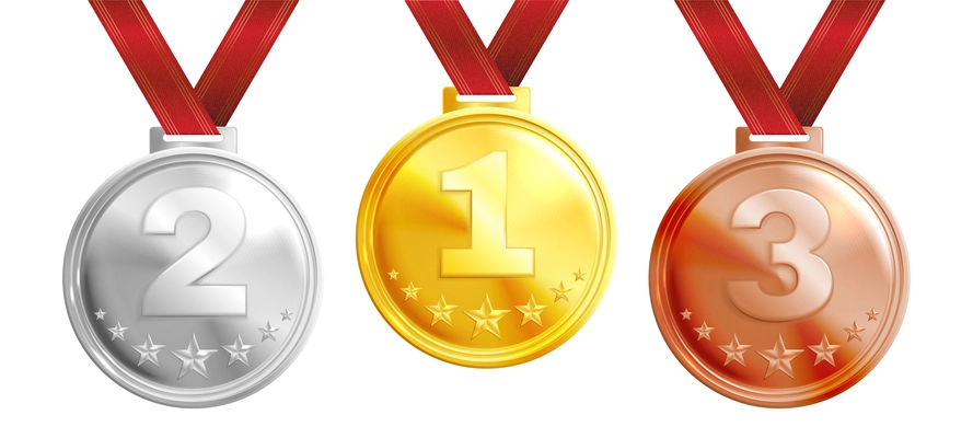 Realistic medal trophy set of golden silver and bronze awards with red ribbons isolated vector illustration