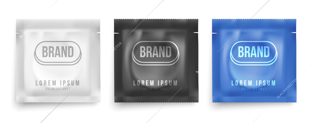 White black and blue realistic pouches for condom packaging isolated on white background vector illustration