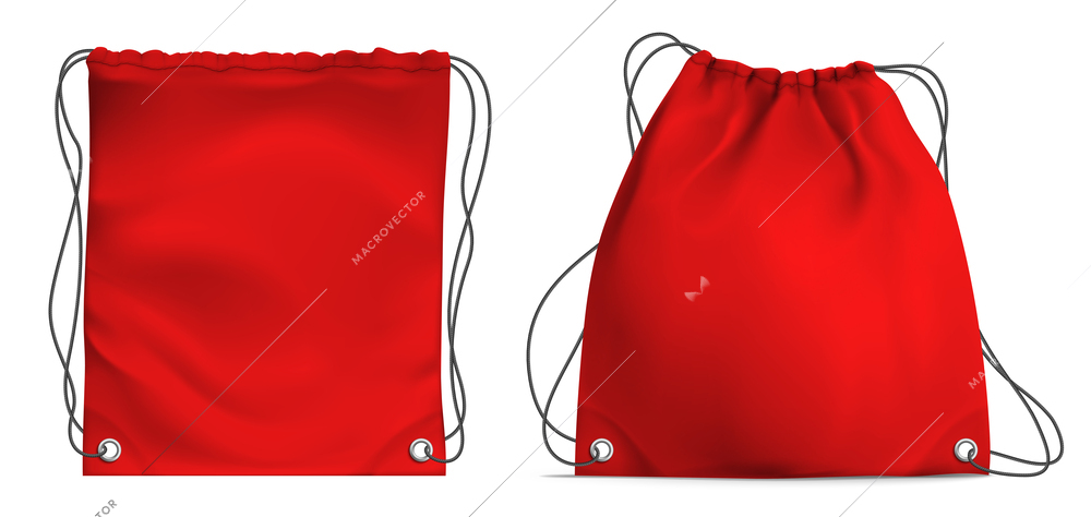 Ad illustration of red drawstring bag for fitness hiking and active lifestyle realistic design isolated vector illustration