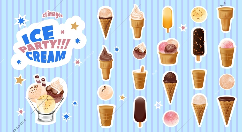 Ice cream realistic composition with set of various candy buckets sticks and balls with star icons vector illustration