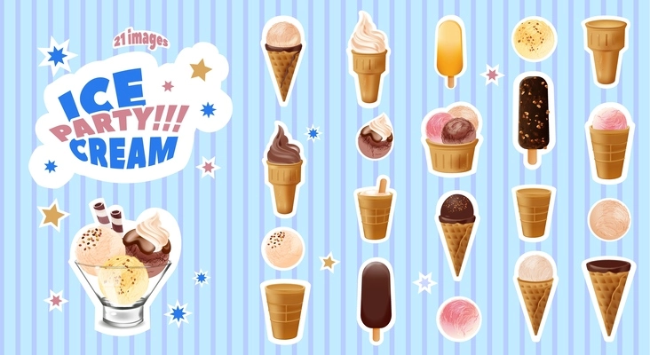 Ice cream realistic composition with set of various candy buckets sticks and balls with star icons vector illustration