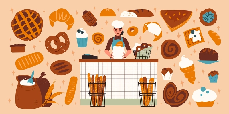 Bakery big icon set buns pies bread waffles muffins cakes flour and a baker in the center works vector illustration