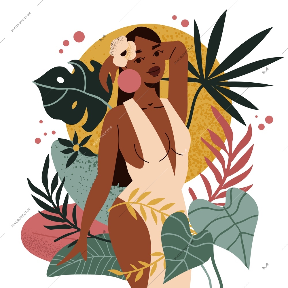 Black girl woman colored composition art with a beautiful girl on background of colored leaves and flowers vector illustration