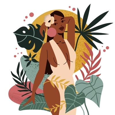 Black girl woman colored composition art with a beautiful girl on background of colored leaves and flowers vector illustration