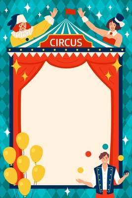 Circus advertising poster with juggler and air balloons vector illustration