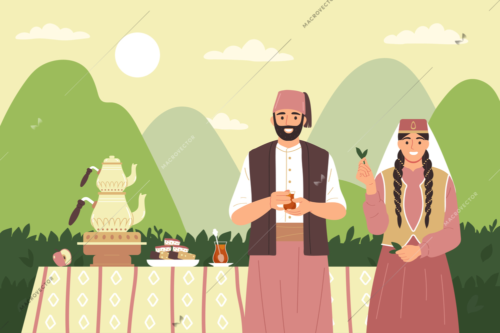 Tea tradiitions concept with man and woman in traditional clothes and teatime accessories on background vector illustration