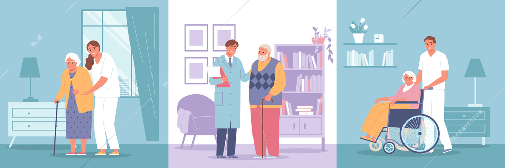 Nursing home design concept set the doctor advises the old man on his health and the nurse and nurse help him to his room vector illustration