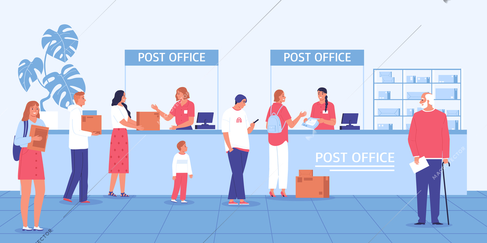 Post office flat composition queue at the post office people want to send and receive their parcels vector illustration