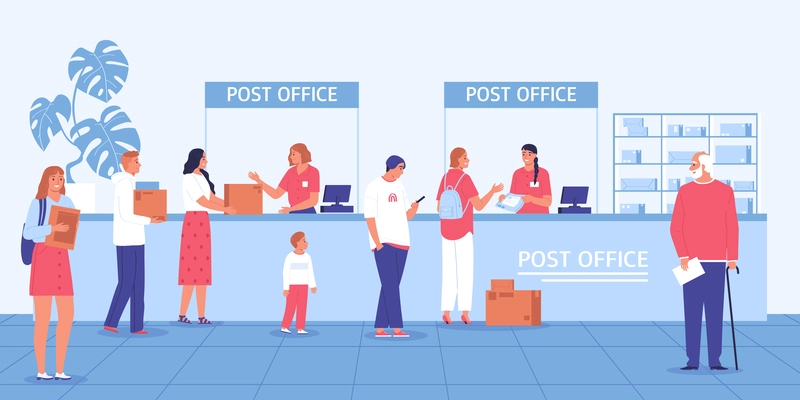 Post office flat composition queue at the post office people want to send and receive their parcels vector illustration