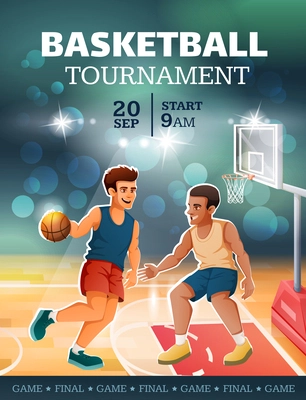 Basketball tournament final game cartoon vertical poster with two male players on court vector illustration