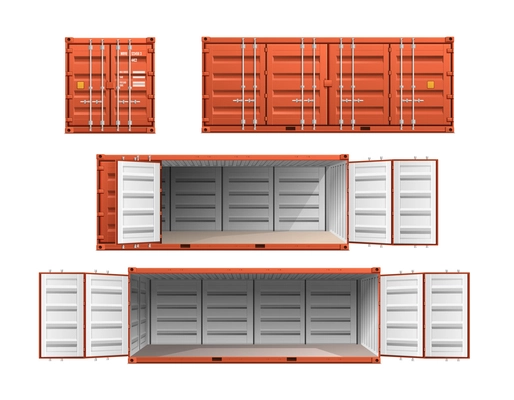 Open and closed empty cargo container realistic set isolated against white background vector illustration