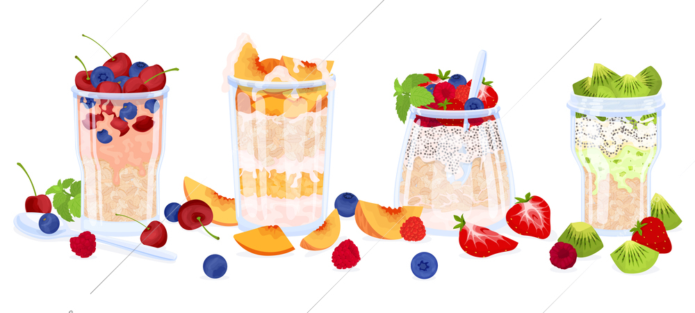 Overnight oats muesli pudding recipes flat composition with four glasses of porridge with berries fruits topping vector illustration