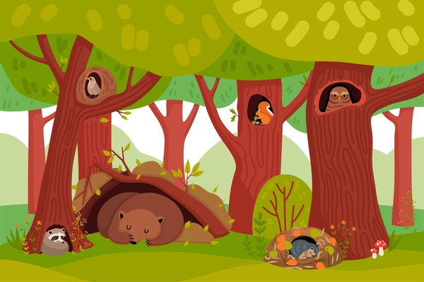 Summer wildlife cartoon background with forest animals living in tree hollows and holes flat vector illustration