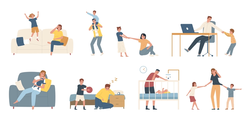 Stressed tired parents and playing children flat icons set isolated vector illustration