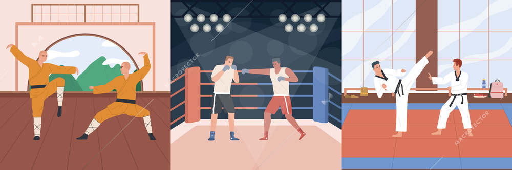 Martial arts flat composition set with fighter scenes isolated vector illustration