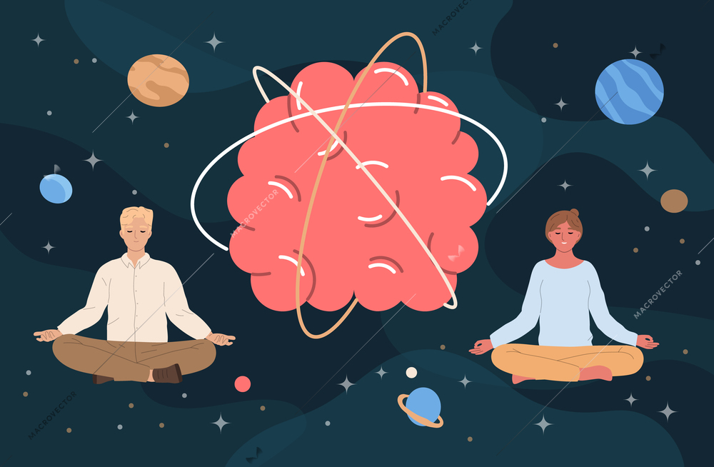 Mindfulness flat composition with people meditating with open space on background vector illustration