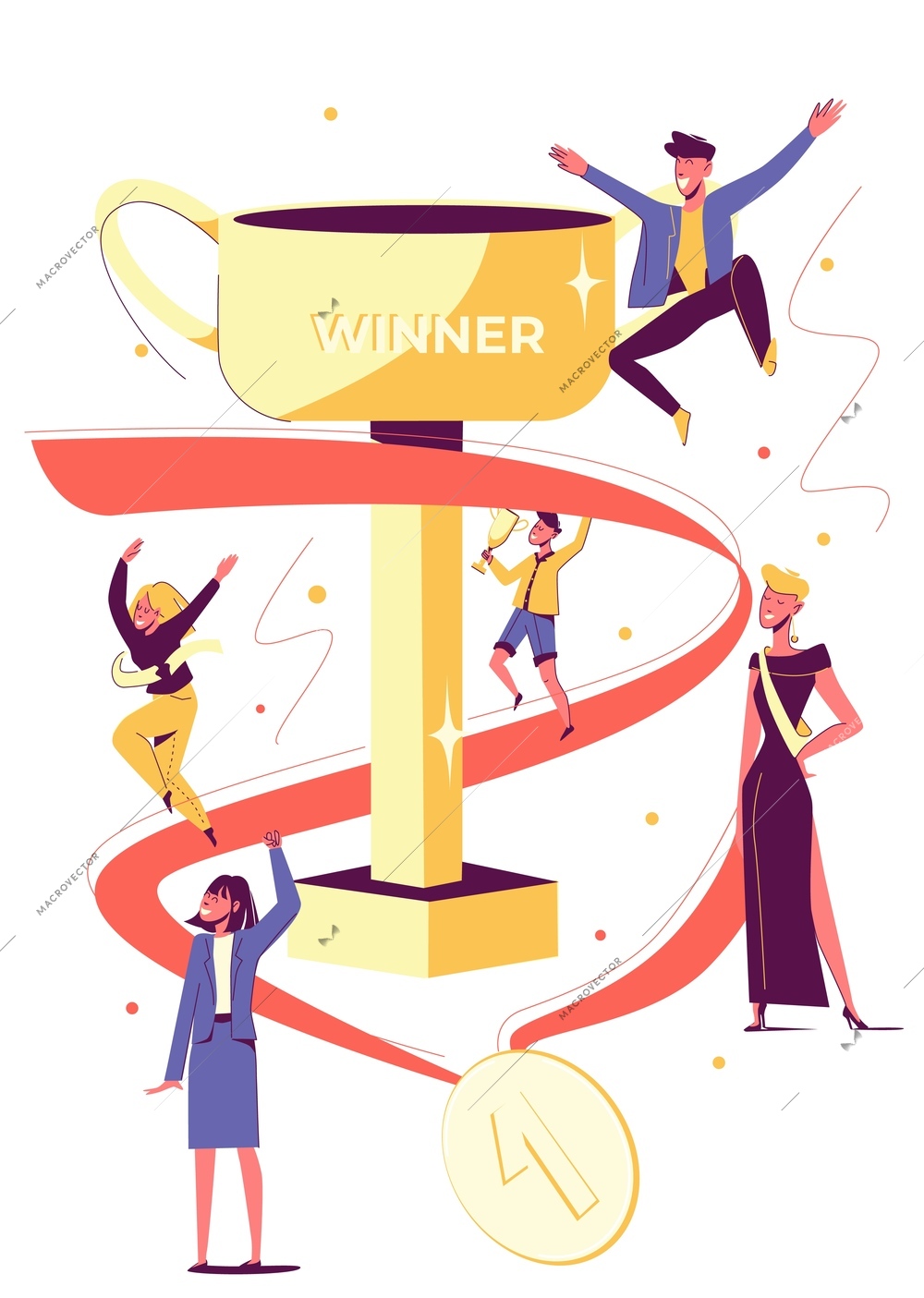 Winner people flat composition with doodle human characters of happy people medal ribbons and cup award vector illustration