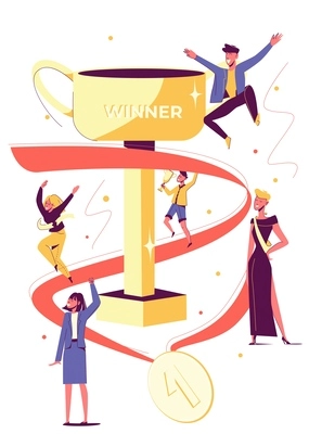 Winner people flat composition with doodle human characters of happy people medal ribbons and cup award vector illustration
