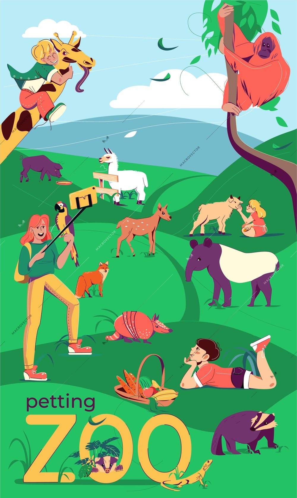 Petting zoo flat background with outdoor landscape and wildlife composition of wild animals with human visitors vector illustration