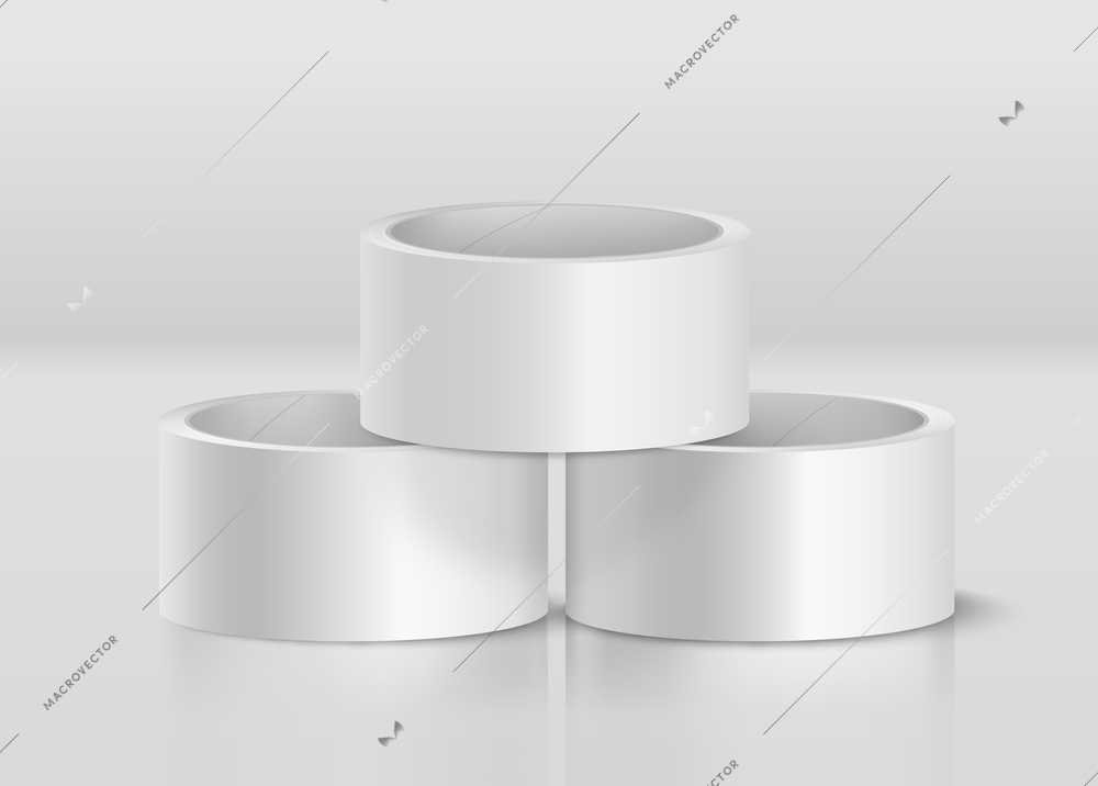 Duct tape mockup realistic composition with view of three white rolls of tape with shadows reflections vector illustration